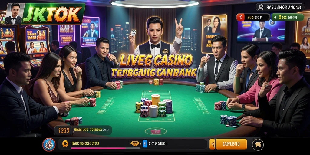 Screenshot gameplay JKTOK menampilkan dealer langsung dan suasana kasino yang nyata.