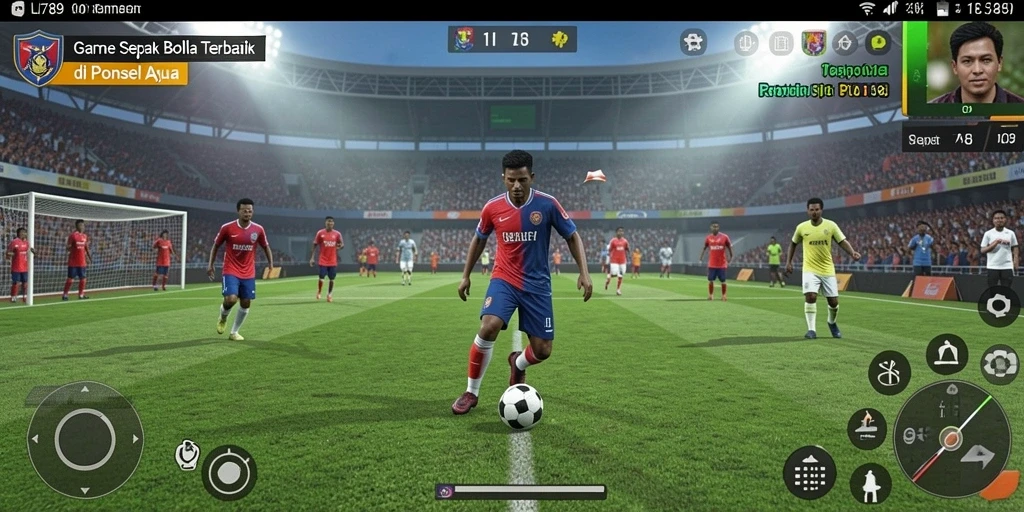Screenshot utama menunjukkan aksi seru pertandingan sepak bola.