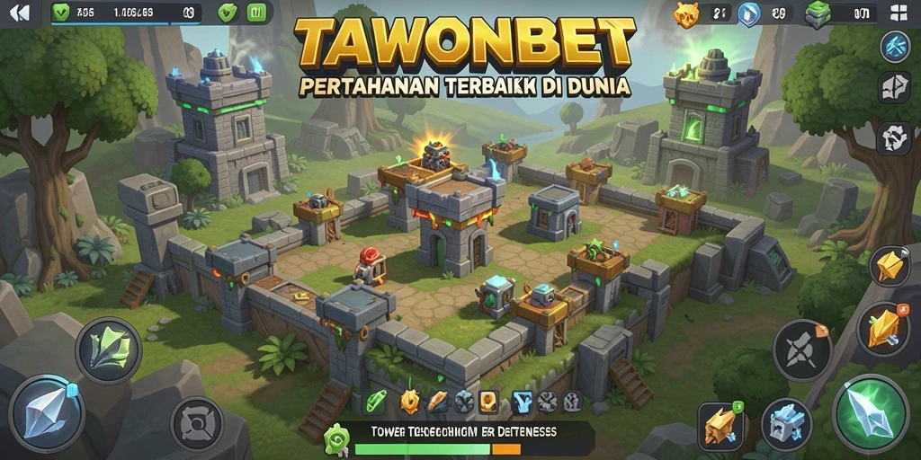 Tampilan menarik dari gameplay TAWONBET dengan menara dan musuh dinamis.